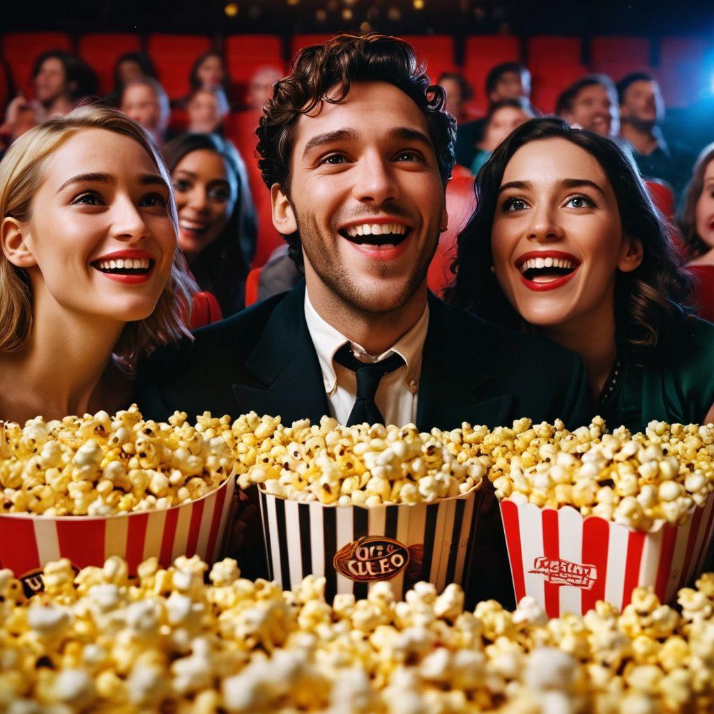 A split scene showcasing the contrast between an X-rated film set on one side, featuring shadowy figures and provocative elements, and a vibrant, jubilant cinema scene on the other side with people laughing and celebrating over popcorn. The background should elegantly blend the two worlds, highlighting a journey from explicit to joyful experiences. Incorporate film reels and happiness symbols like smiles and confetti. super-realistic. vibrant colors. cinematic style.