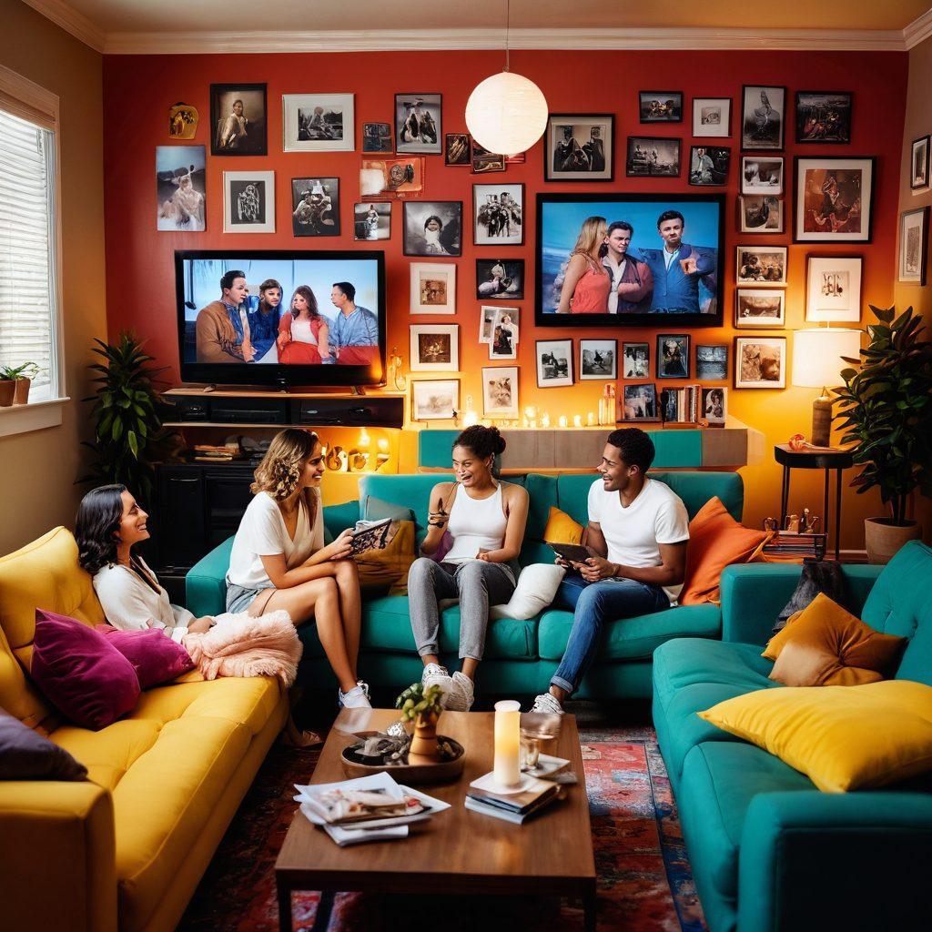 A vibrant collage featuring charismatic couples sharing joyful moments while watching adult films in a cozy, stylish living room. Incorporate elements of laughter and intimacy, with cheerful lights and playful decor that symbolize happiness. In the background, showcase diverse media such as film reels and streaming icons depicting the evolution of entertainment. The scene should feel warm, inviting, and energetic. super-realistic. vibrant colors. cozy setting.