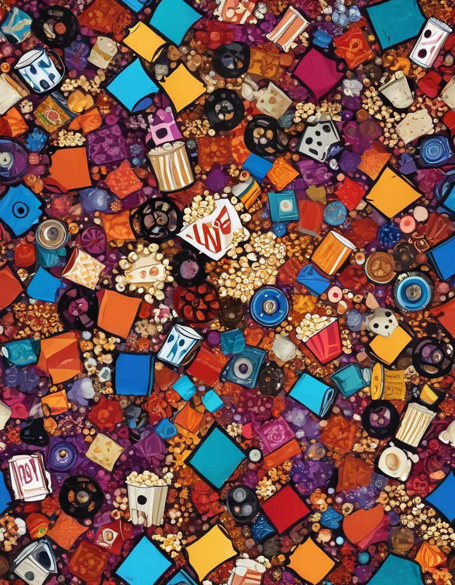 A kaleidoscope of colors representing diverse adult film genres, featuring joyful characters from various backgrounds celebrating their passions. Elements of film reels and vibrant lights intertwine, symbolizing the connection between pleasure and media. Include playful motifs, such as popcorn and a film camera, to enhance the sense of joy. Artistic blend of realism and abstract forms. vibrant colors. modern digital art.